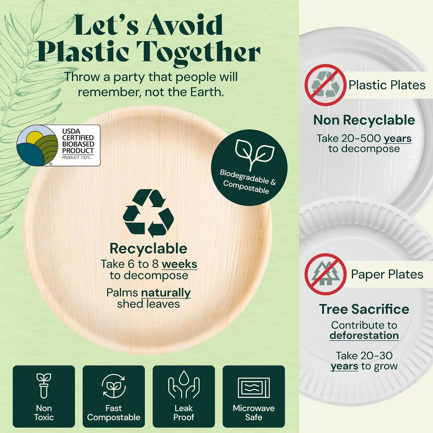 Chic Leaf Palm Leaf Disposable Bamboo Plates - Palm Leaf Plates for Weddings & Event Appetizers - Biodegradable & Compostable - Party Supplies (7", 50 Pack)