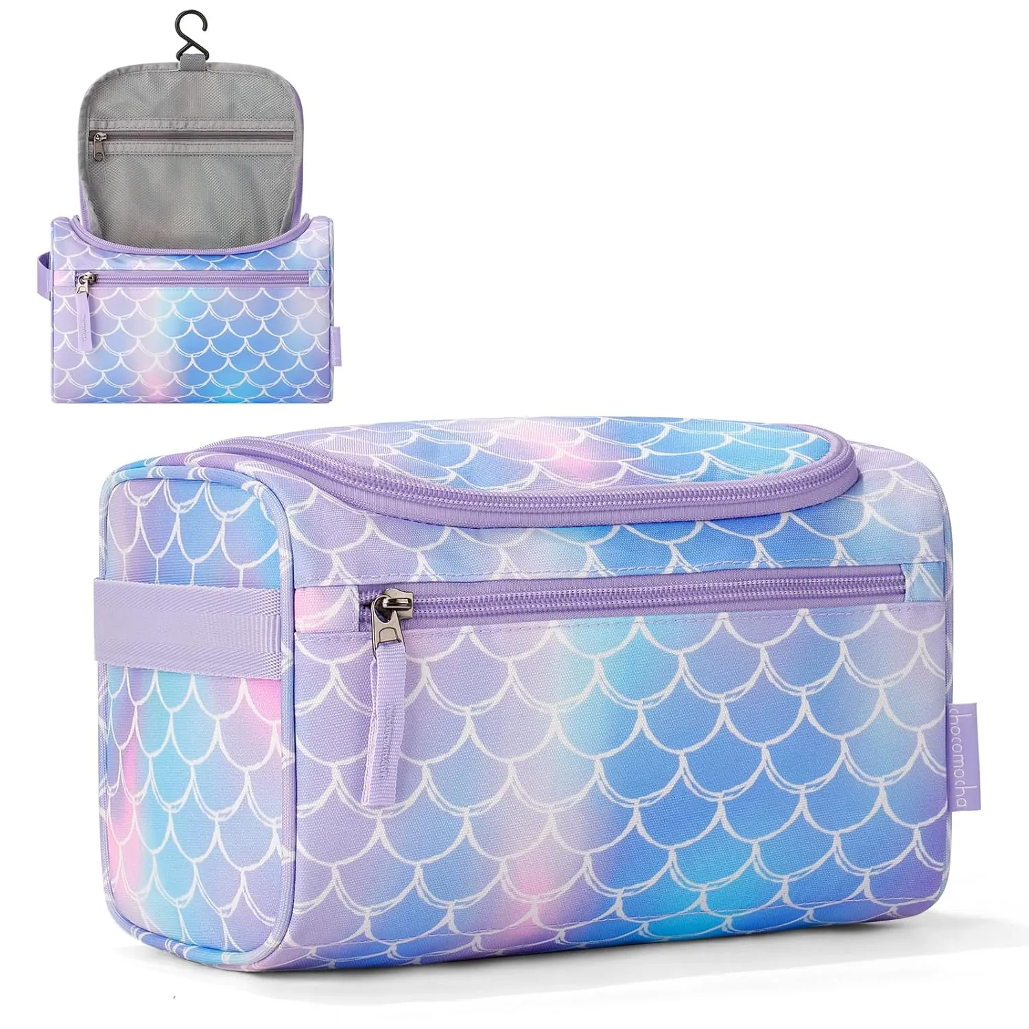 Choco Mocha Kids Mermaid Toiletry Bag for Girls, Travel Waterproof Hanging Toiletry Bag for Girls, Purple
