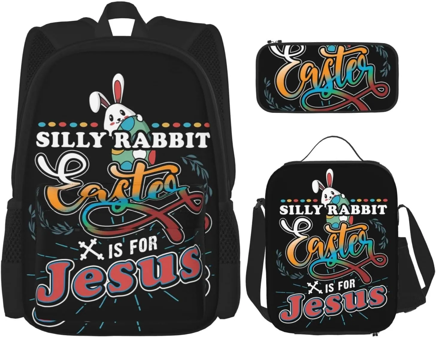 Christian Silly Rabbit Easter is For Jesus Multifunctional Pocket Backpack Crossbody Lunch Bag Pencil Case 3Pcs Set Large Capacity Backpack