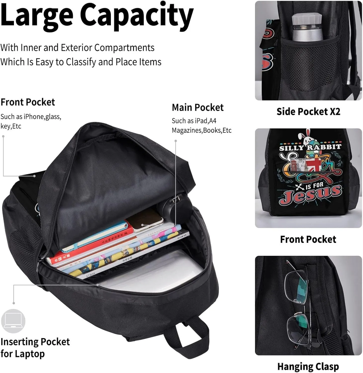 Christian Silly Rabbit Easter is For Jesus Multifunctional Pocket Backpack Crossbody Lunch Bag Pencil Case 3Pcs Set Large Capacity Backpack