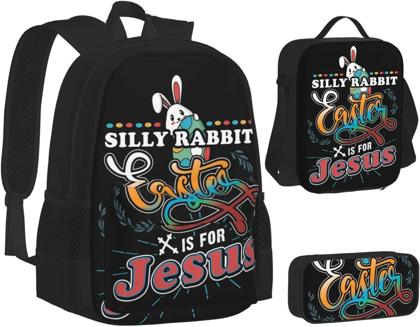 Christian Silly Rabbit Easter is For Jesus Multifunctional Pocket Backpack Crossbody Lunch Bag Pencil Case 3Pcs Set Large Capacity Backpack