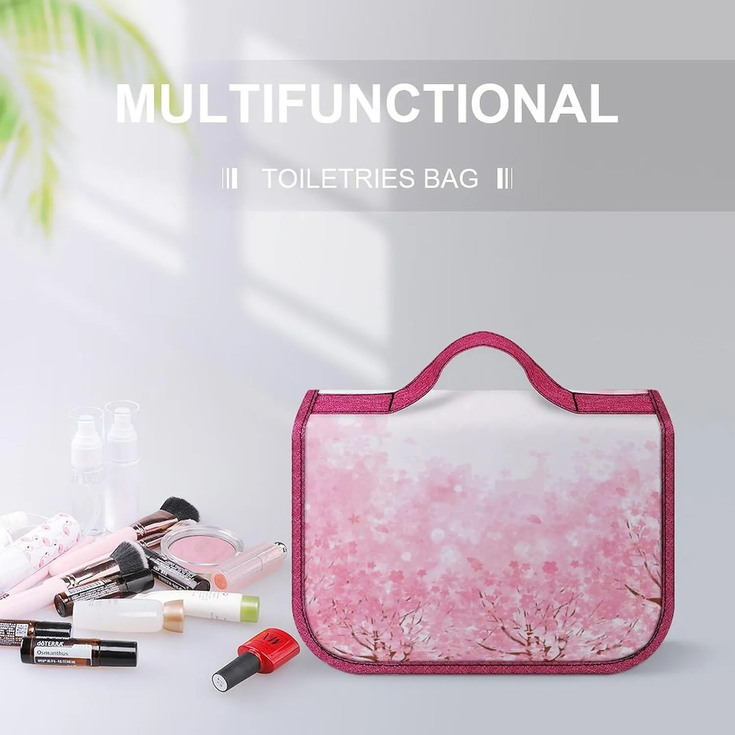 Christmas Theme,Travel Toiletry Hanging Bag Waterproof Bags,Celebration Baubles Snowflakes,Makeup bag Organizers, Cosmetic Travel-Sized Container,Large Capacity for Women,Grey Red