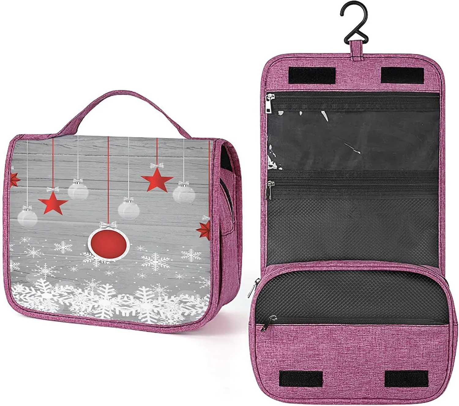 Christmas Theme,Travel Toiletry Hanging Bag Waterproof Bags,Celebration Baubles Snowflakes,Makeup bag Organizers, Cosmetic Travel-Sized Container,Large Capacity for Women,Grey Red