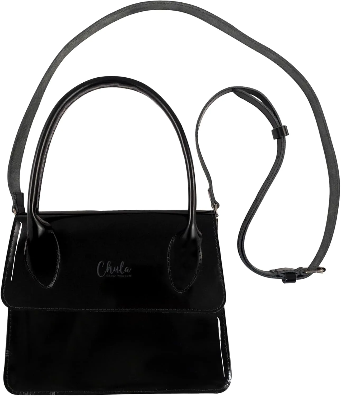Chula, Rectangular Bag with Hanger, Female Purse with Detachable Shoulder Strap, Evening Bag, Handbag for Women, Full Grain Leather, Handmade, Obsidian