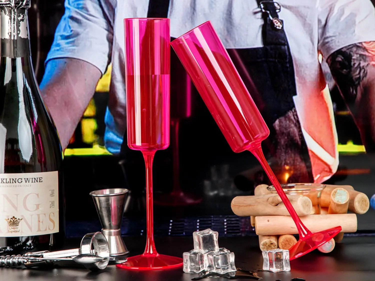 Ciaell 24 Pack Plastic Champagne Flutes - Hot Pink 6 Oz Disposable Champagne Glasses - Square Plastic Toasting Glasses for Party Birthday Anniversary Wedding