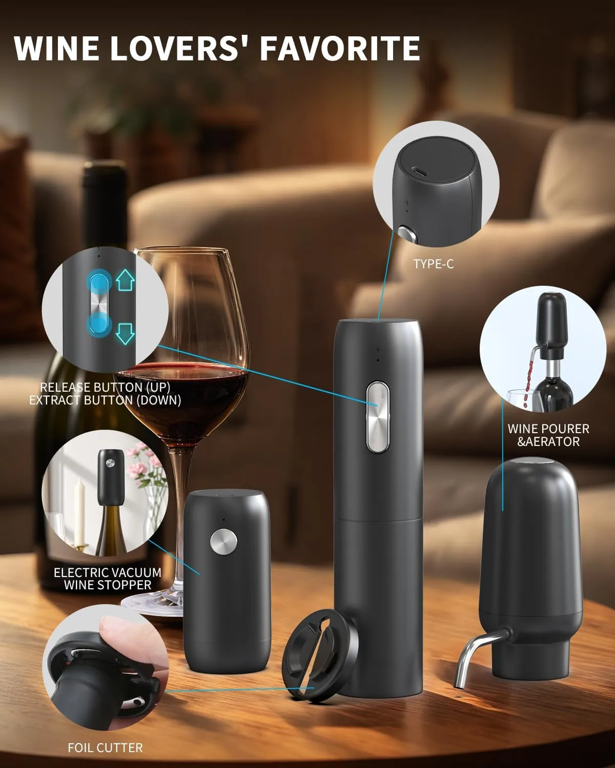 CIRCLE JOY Electric Wine Bottle Opener Set Rechargeable 5-in-1 Wine Set with Foil Cutter, Electric Wine Opener, Electric 2in-1 Wine Aerator & Pourer, Electric Vacuum Wine Stopper, Black Silver