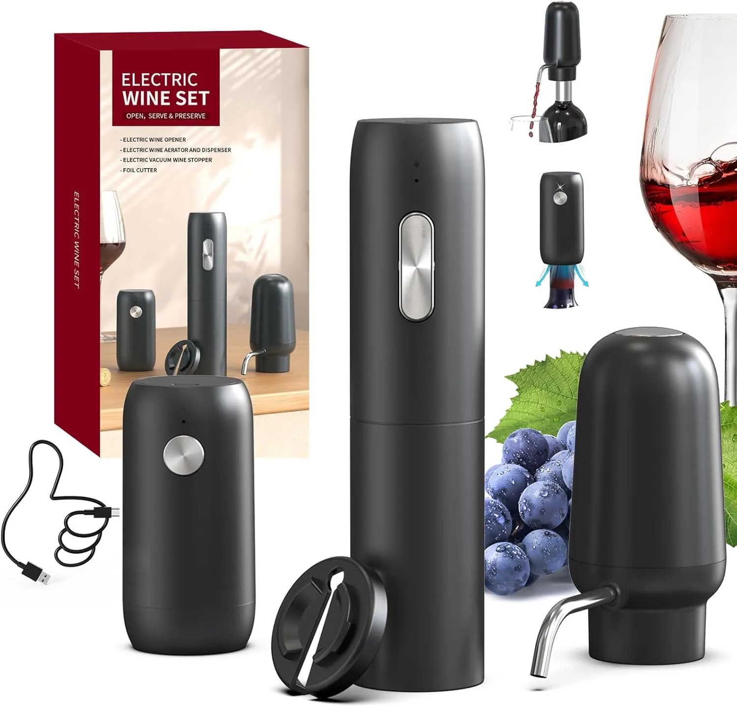 CIRCLE JOY Electric Wine Bottle Opener Set Rechargeable 5-in-1 Wine Set with Foil Cutter, Electric Wine Opener, Electric 2in-1 Wine Aerator & Pourer, Electric Vacuum Wine Stopper, Black Silver