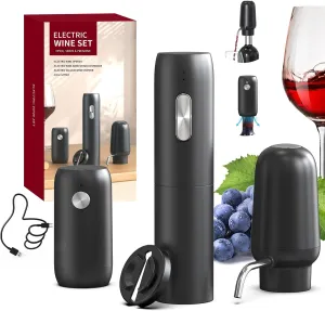 CIRCLE JOY Electric Wine Bottle Opener Set Rechargeable 5-in-1 Wine Set with Foil Cutter, Electric Wine Opener, Electric 2in-1 Wine Aerator & Pourer, Electric Vacuum Wine Stopper, Black Silver