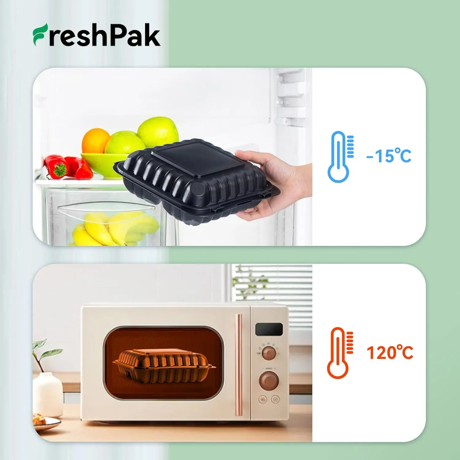 Clamshell Food Containers, 55-Pack Plastic Black To Go Containers with Lids for Lunch 34 OZ Reusable BPA Free 3-Compartment MFPP Disposable To Go Boxes
