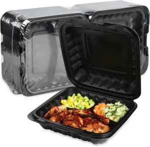 Clamshell Food Containers, 55-Pack Plastic Black To Go Containers with Lids for Lunch 34 OZ Reusable BPA Free 3-Compartment MFPP Disposable To Go Boxes