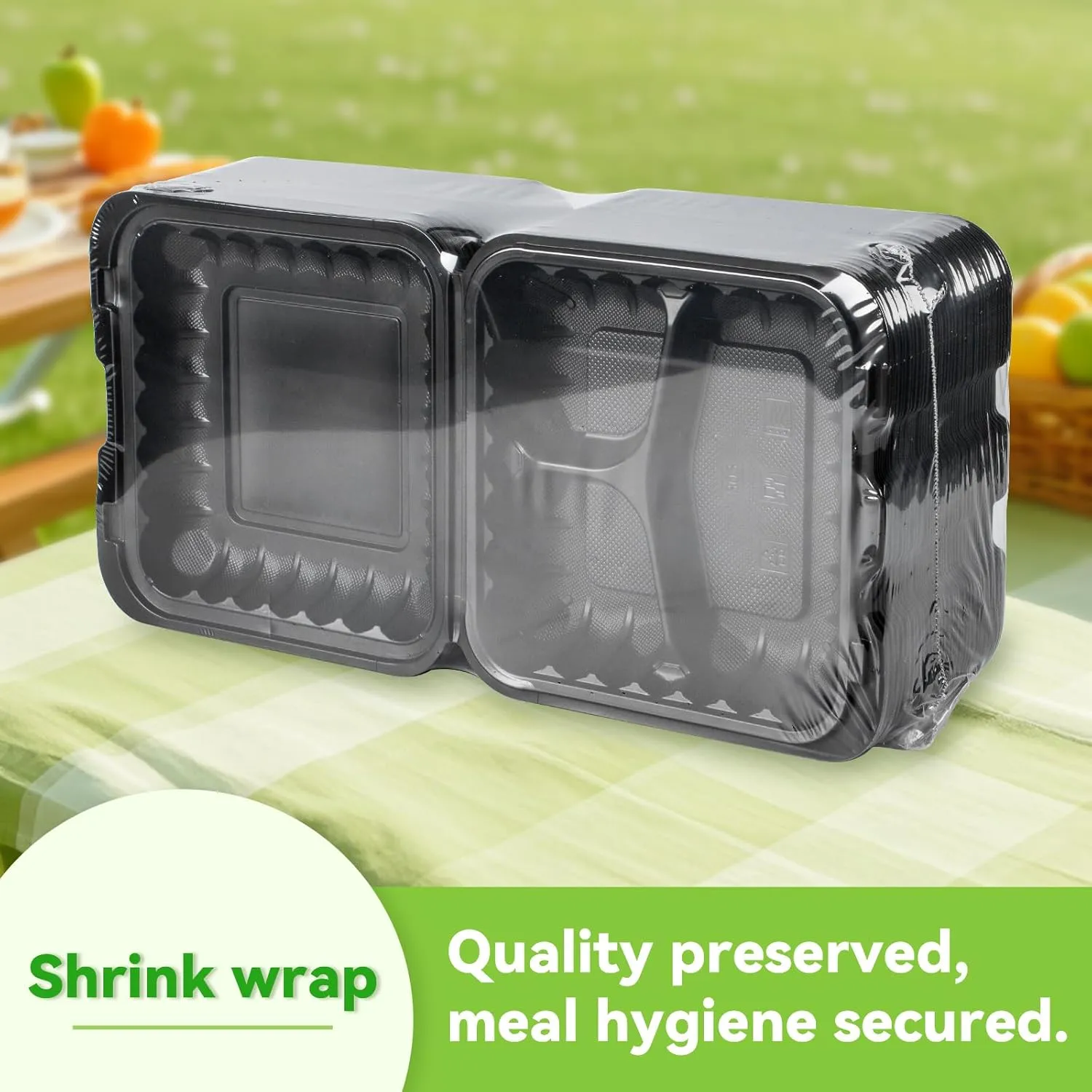 Clamshell Food Containers, 55-Pack Plastic Black To Go Containers with Lids for Lunch 34 OZ Reusable BPA Free 3-Compartment MFPP Disposable To Go Boxes