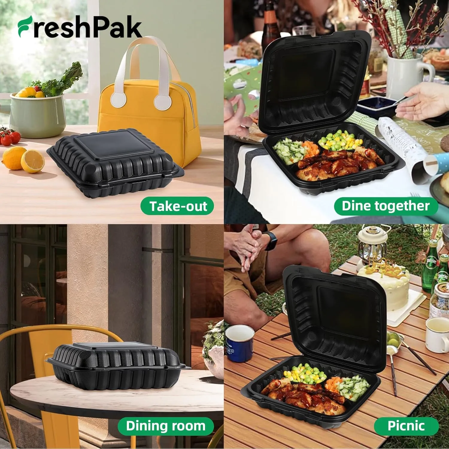 Clamshell Food Containers, 55-Pack Plastic Black To Go Containers with Lids for Lunch 34 OZ Reusable BPA Free 3-Compartment MFPP Disposable To Go Boxes