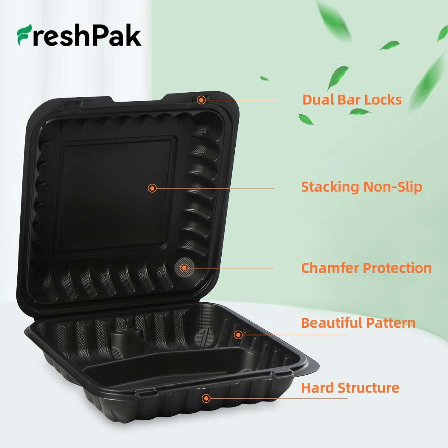 Clamshell Food Containers, 55-Pack Plastic Black To Go Containers with Lids for Lunch 34 OZ Reusable BPA Free 3-Compartment MFPP Disposable To Go Boxes