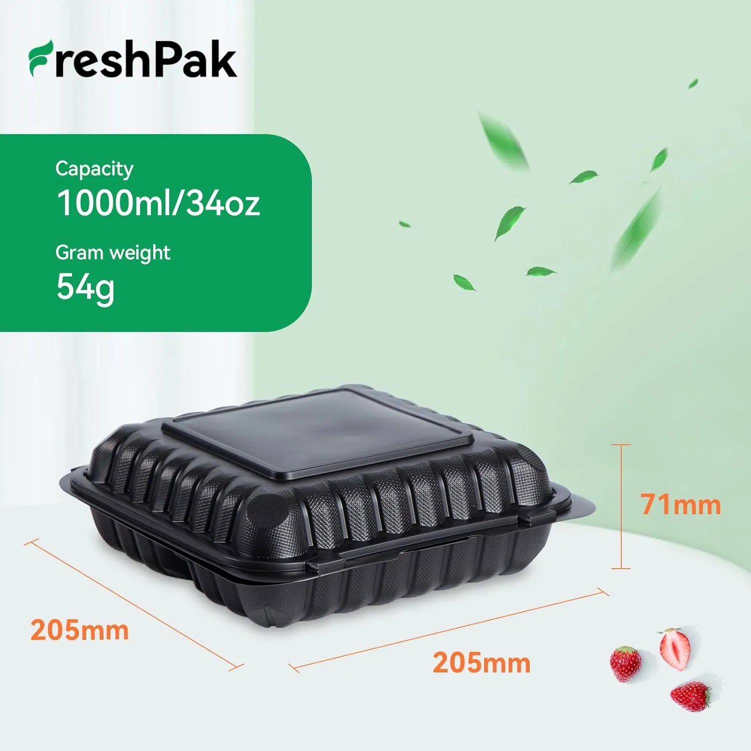 Clamshell Food Containers, 55-Pack Plastic Black To Go Containers with Lids for Lunch 34 OZ Reusable BPA Free 3-Compartment MFPP Disposable To Go Boxes
