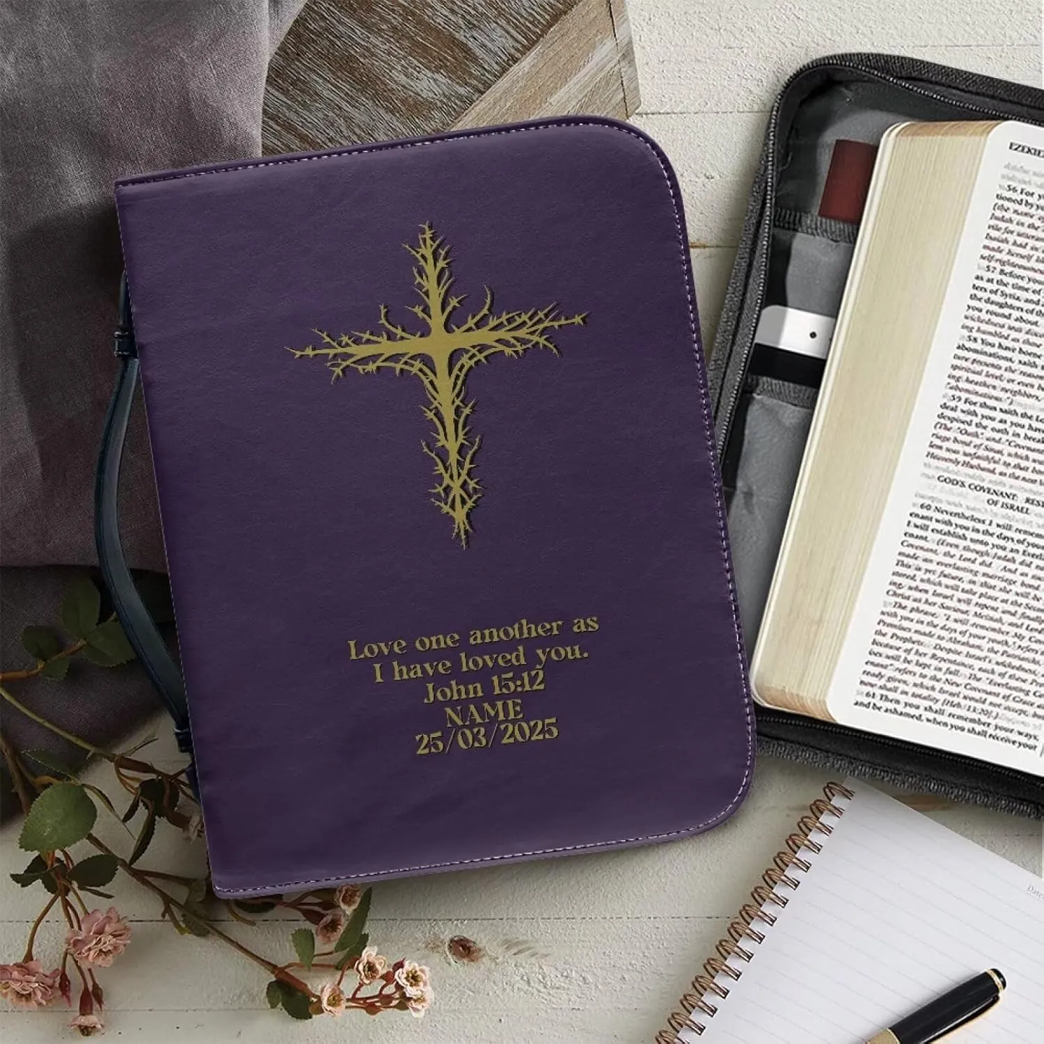 Classic PU Leather Bible Cover for Women Inspirational Bible Verse Design Bible Case with Handle Zip Around Church Bag Tote XL Size