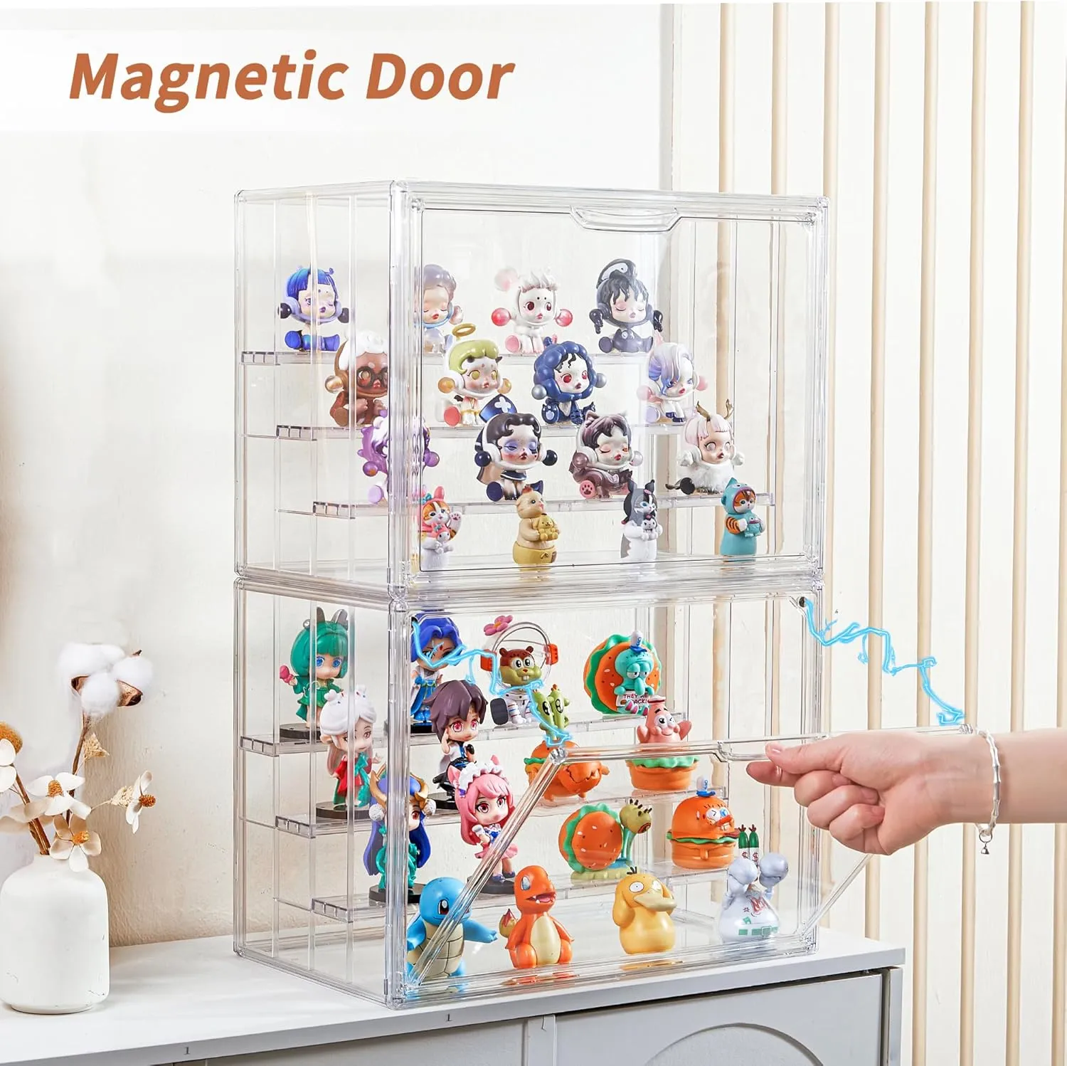 Clear Acrylic Display Case for Figures 4 Layer Figure Display Shelf with 3 Movable Plate Stackable Display Box with Magnetic Door for Collectibles 1 Pack