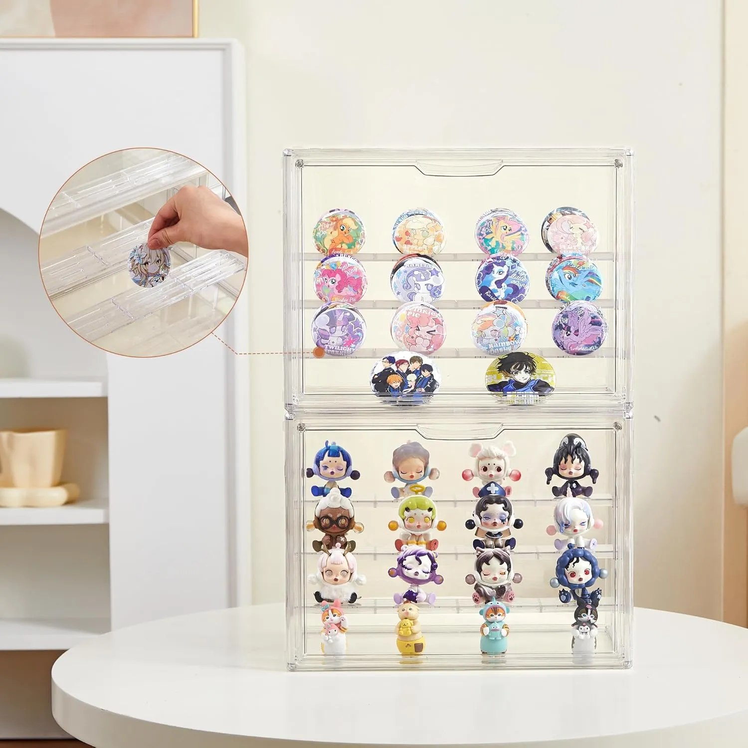 Clear Acrylic Display Case for Figures 4 Layer Figure Display Shelf with 3 Movable Plate Stackable Display Box with Magnetic Door for Collectibles 1 Pack
