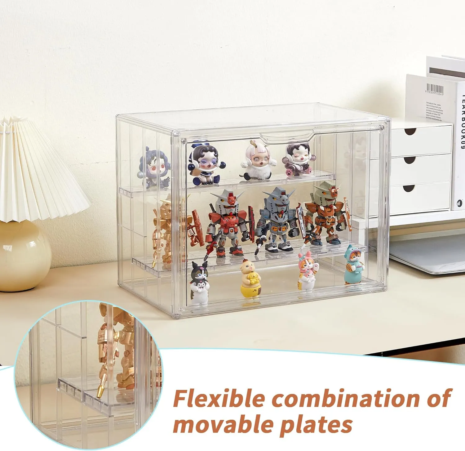 Clear Acrylic Display Case for Figures 4 Layer Figure Display Shelf with 3 Movable Plate Stackable Display Box with Magnetic Door for Collectibles 1 Pack