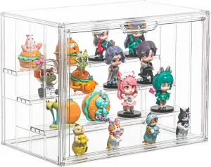 Clear Acrylic Display Case for Figures 4 Layer Figure Display Shelf with 3 Movable Plate Stackable Display Box with Magnetic Door for Collectibles 1 Pack