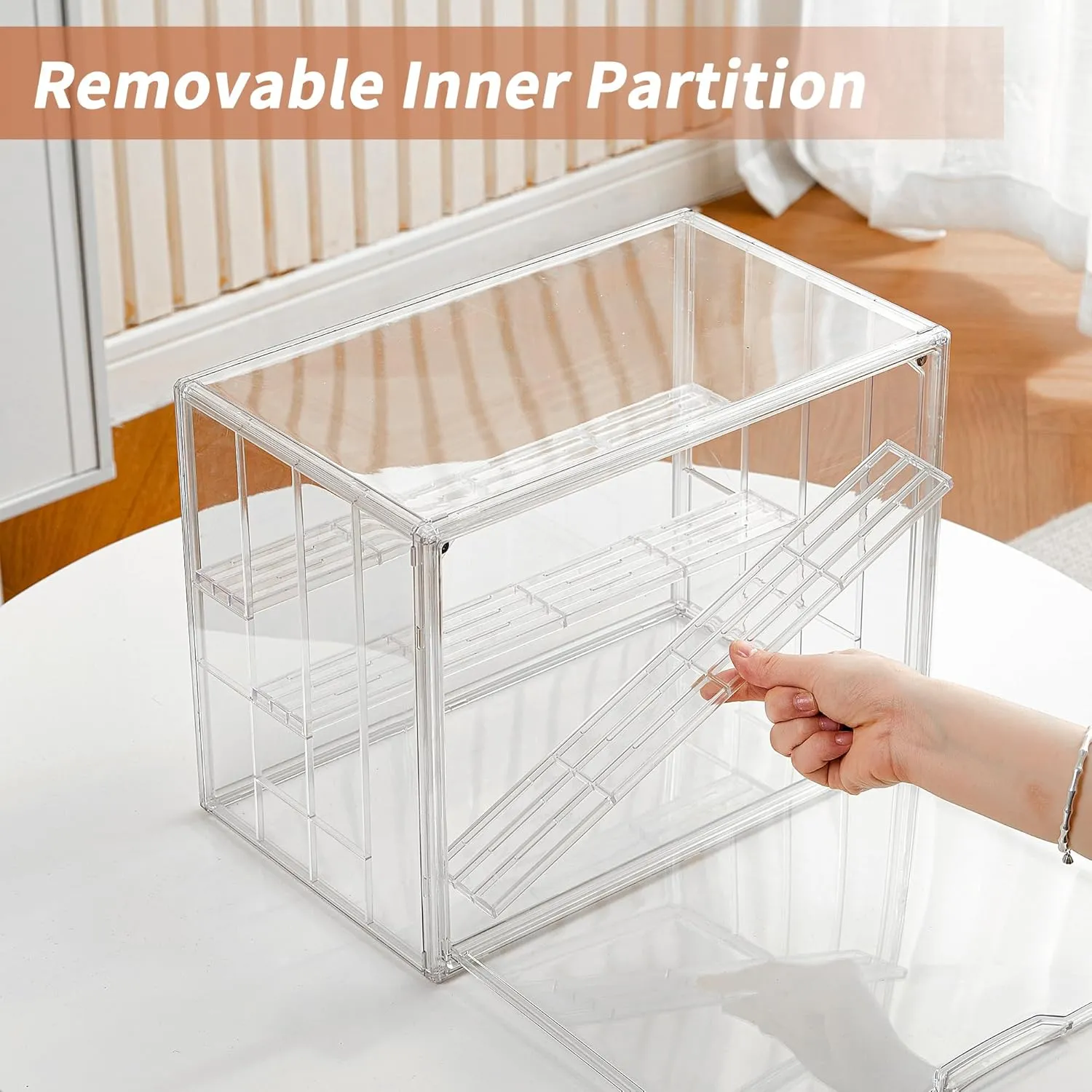 Clear Acrylic Display Case for Figures 4 Layer Figure Display Shelf with 3 Movable Plate Stackable Display Box with Magnetic Door for Collectibles 1 Pack