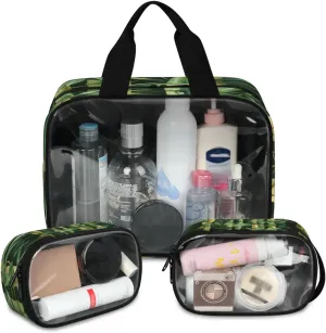 Clear Makeup Bag, 3 Pcs of Translucent Cosmetic Bags Set, Transparent Jungle Travel Makeup Pouch, Waterproof Cute Toiletry Bag for Women (Tropical Nature Bamboo)
