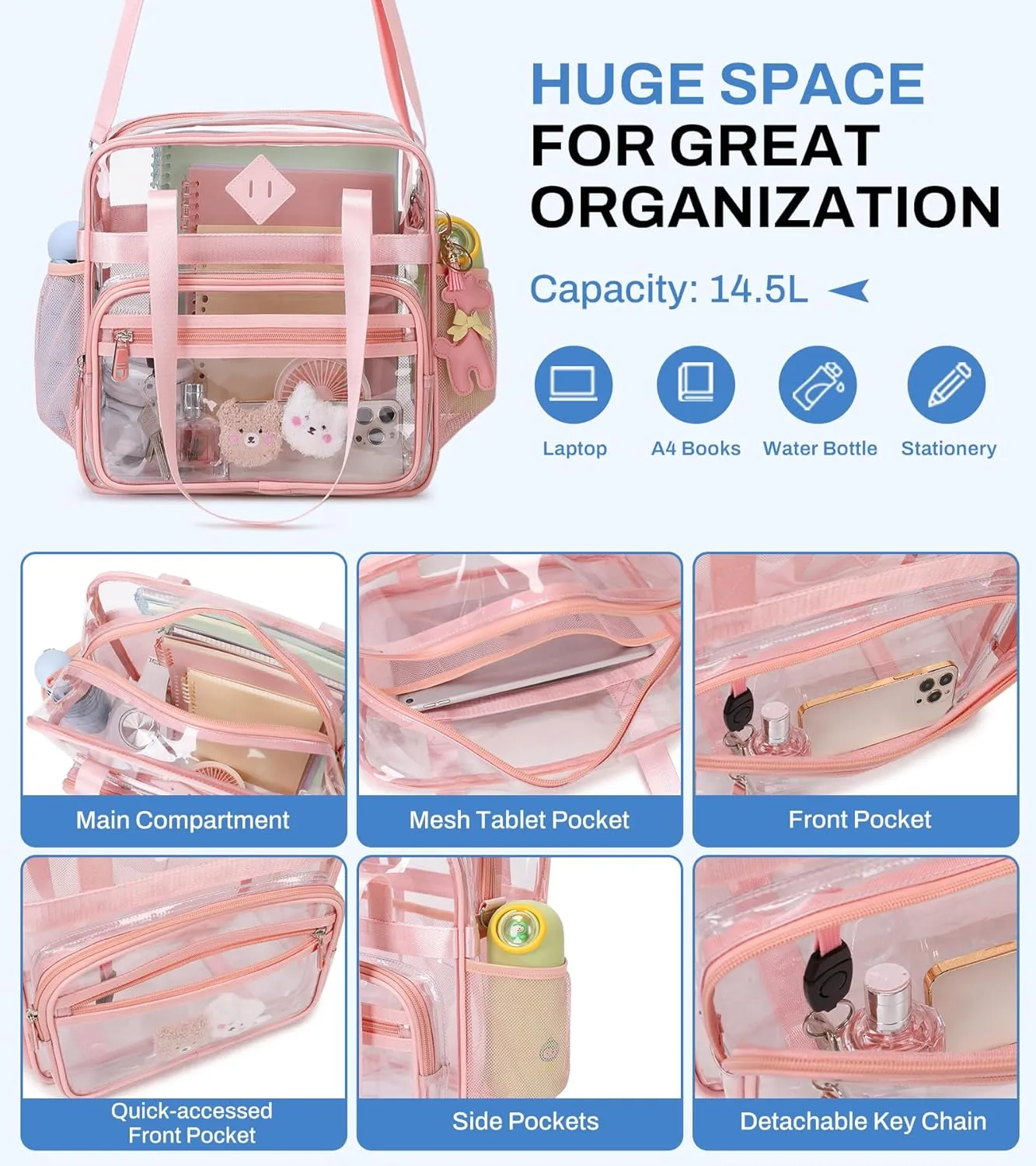 Clear Tote Bag - 12x6x12 See Through Stadium Event Bag for Women