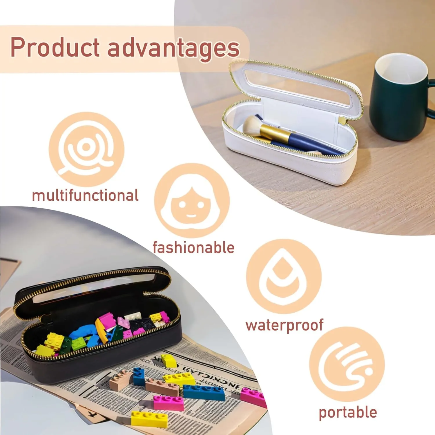 Clear Travel Makeup Pouch, Portable Brush Bag，Toiletry Cosmetics Bag, Waterproof Makeup Bag with Zipper for Women(Brown 5168)