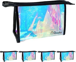 Clear Waterproof Cosmetic Bag, 5 Pcs Holographic Makeup Bags, PVC Multi-Function Zippered Pouch Makeup Bag, Portable Toiletry Bag for Beach Pool, Bathroom, Travel