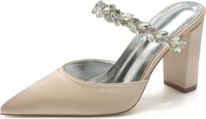 Closed Toe Pointed Wedding Satin Rhinestones Women's Block Heel 9CM Bridal Slip-On Sandals Shoes Backless Slingback for Prom Party Pump Dress