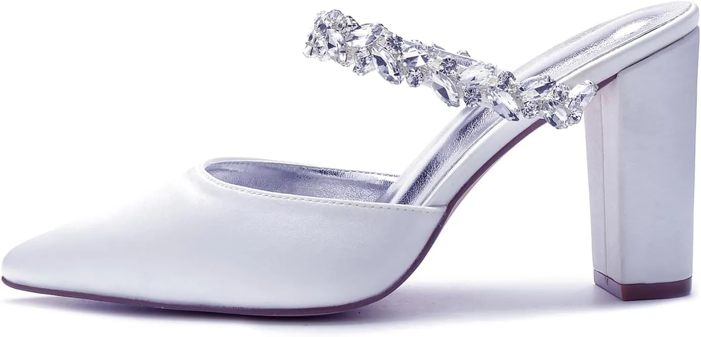 Closed Toe Pointed Wedding Satin Rhinestones Women's Block Heel 9CM Bridal Slip-On Sandals Shoes Backless Slingback for Prom Party Pump Dress