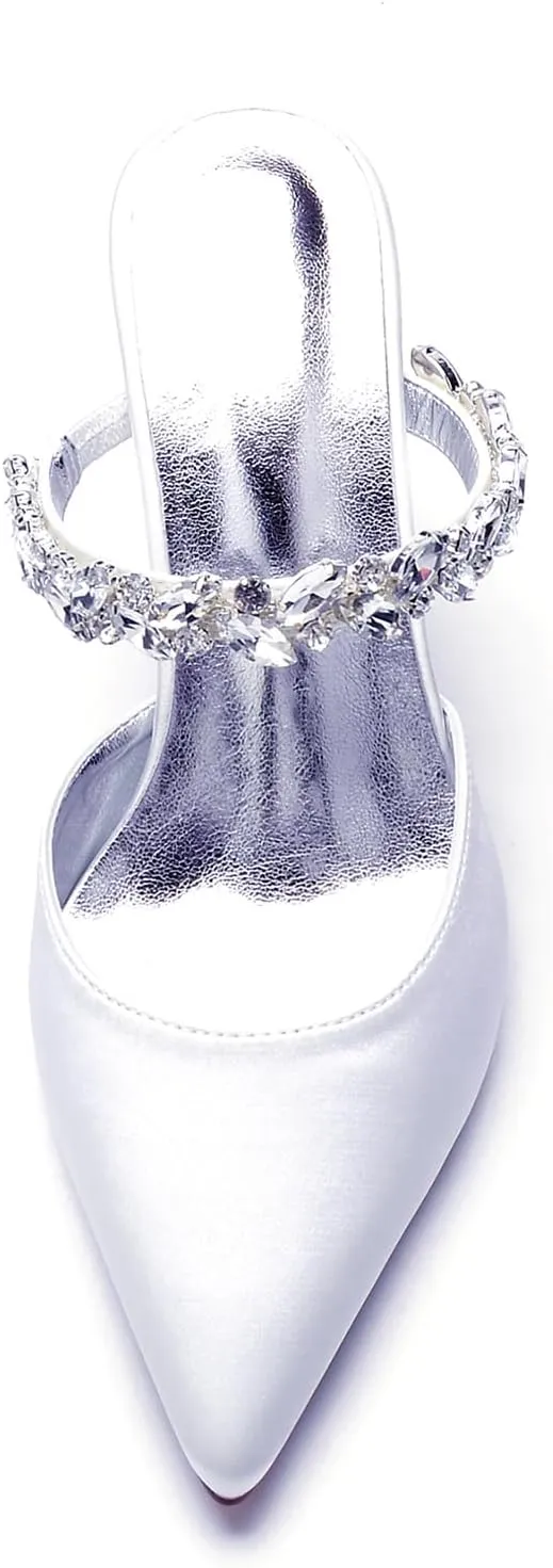 Closed Toe Pointed Wedding Satin Rhinestones Women's Block Heel 9CM Bridal Slip-On Sandals Shoes Backless Slingback for Prom Party Pump Dress
