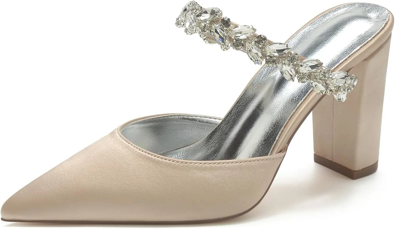 Closed Toe Pointed Wedding Satin Rhinestones Women's Block Heel 9CM Bridal Slip-On Sandals Shoes Backless Slingback for Prom Party Pump Dress