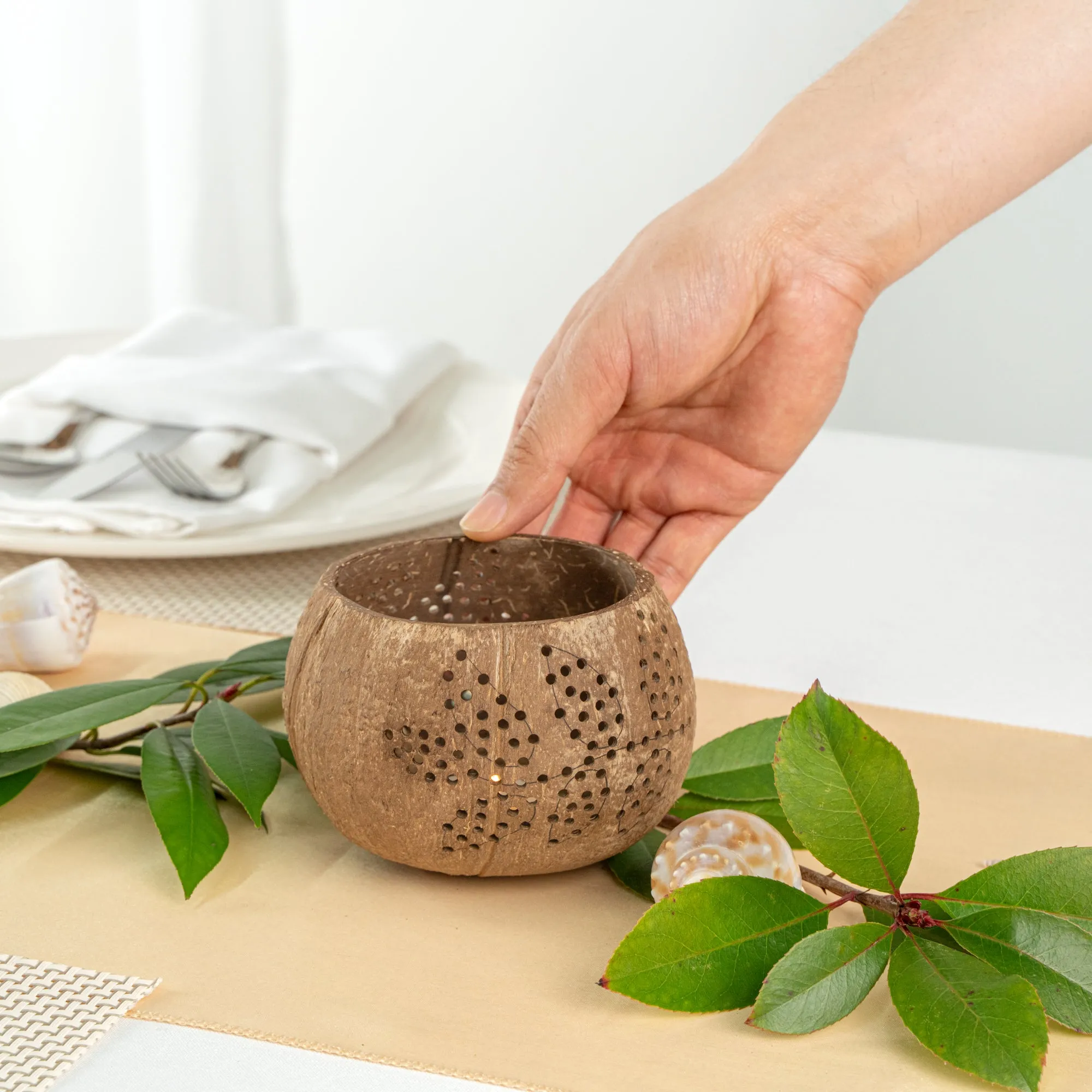 Coco Casa Brown Handmade Coconut Shell Candle Holder - Leaf Pattern - 4" x 4" x 3 1/4" - 10 count box