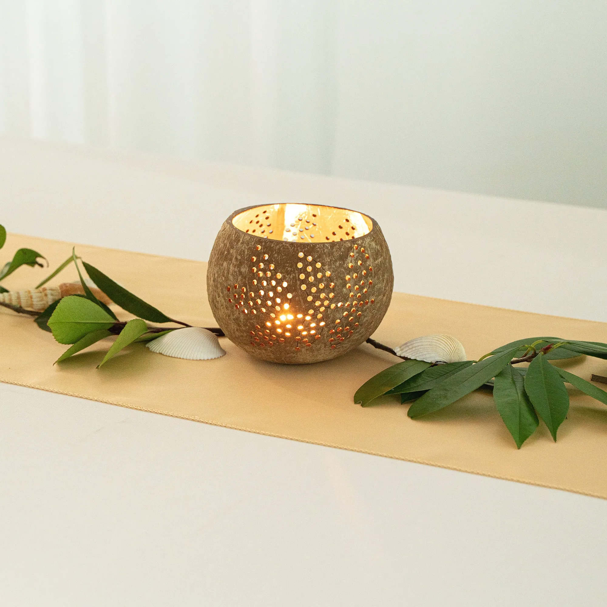 Coco Casa Brown Handmade Coconut Shell Candle Holder - Leaf Pattern - 4" x 4" x 3 1/4" - 10 count box