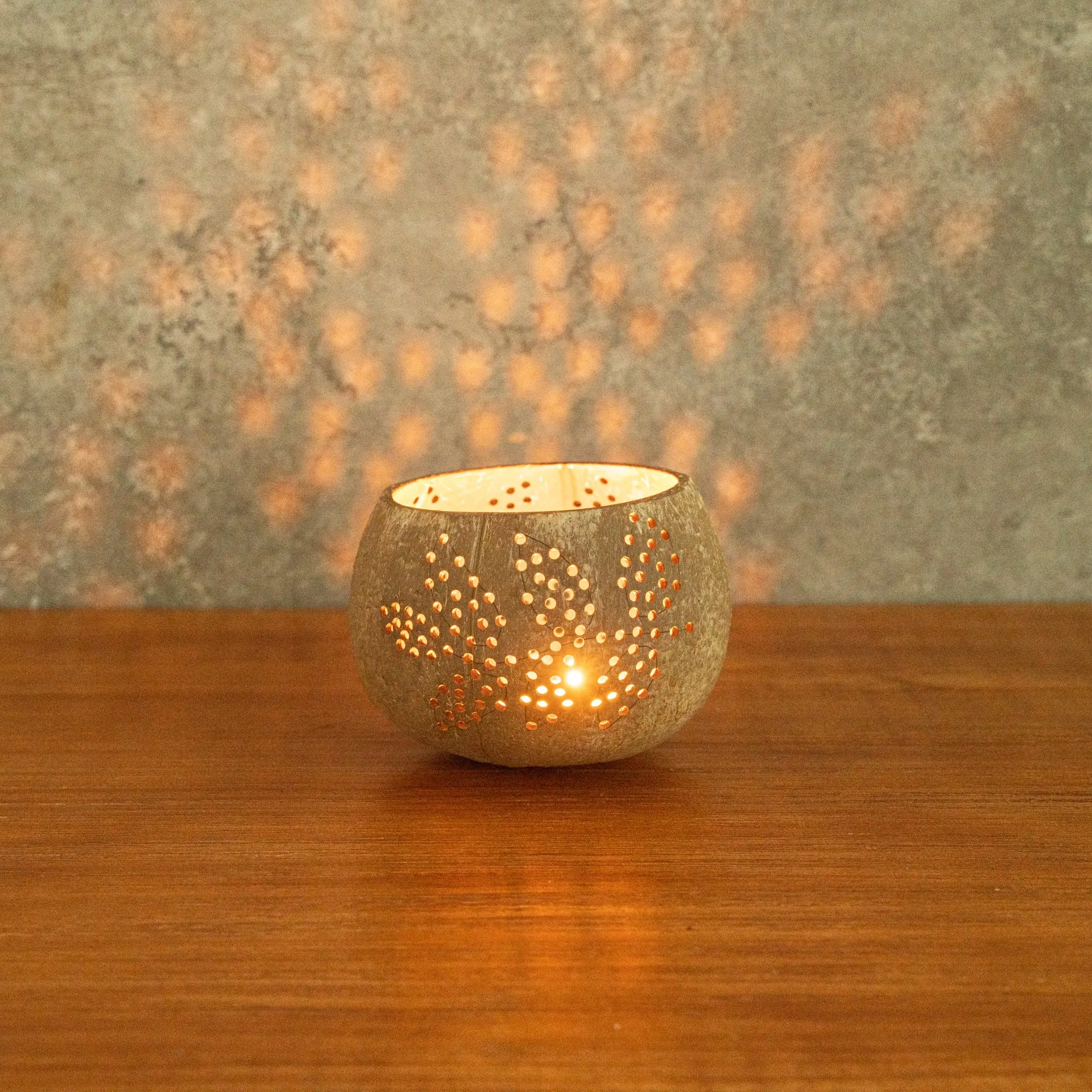 Coco Casa Brown Handmade Coconut Shell Candle Holder - Leaf Pattern - 4" x 4" x 3 1/4" - 10 count box