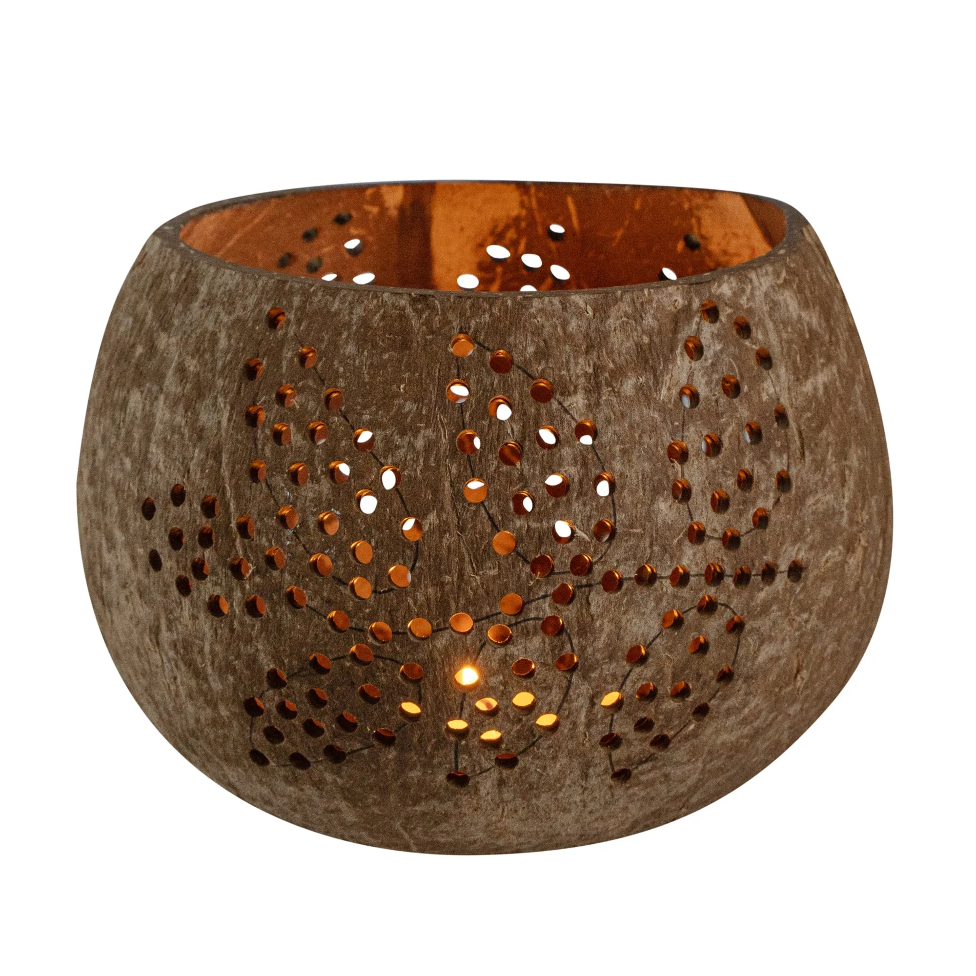 Coco Casa Brown Handmade Coconut Shell Candle Holder - Leaf Pattern - 4" x 4" x 3 1/4" - 10 count box