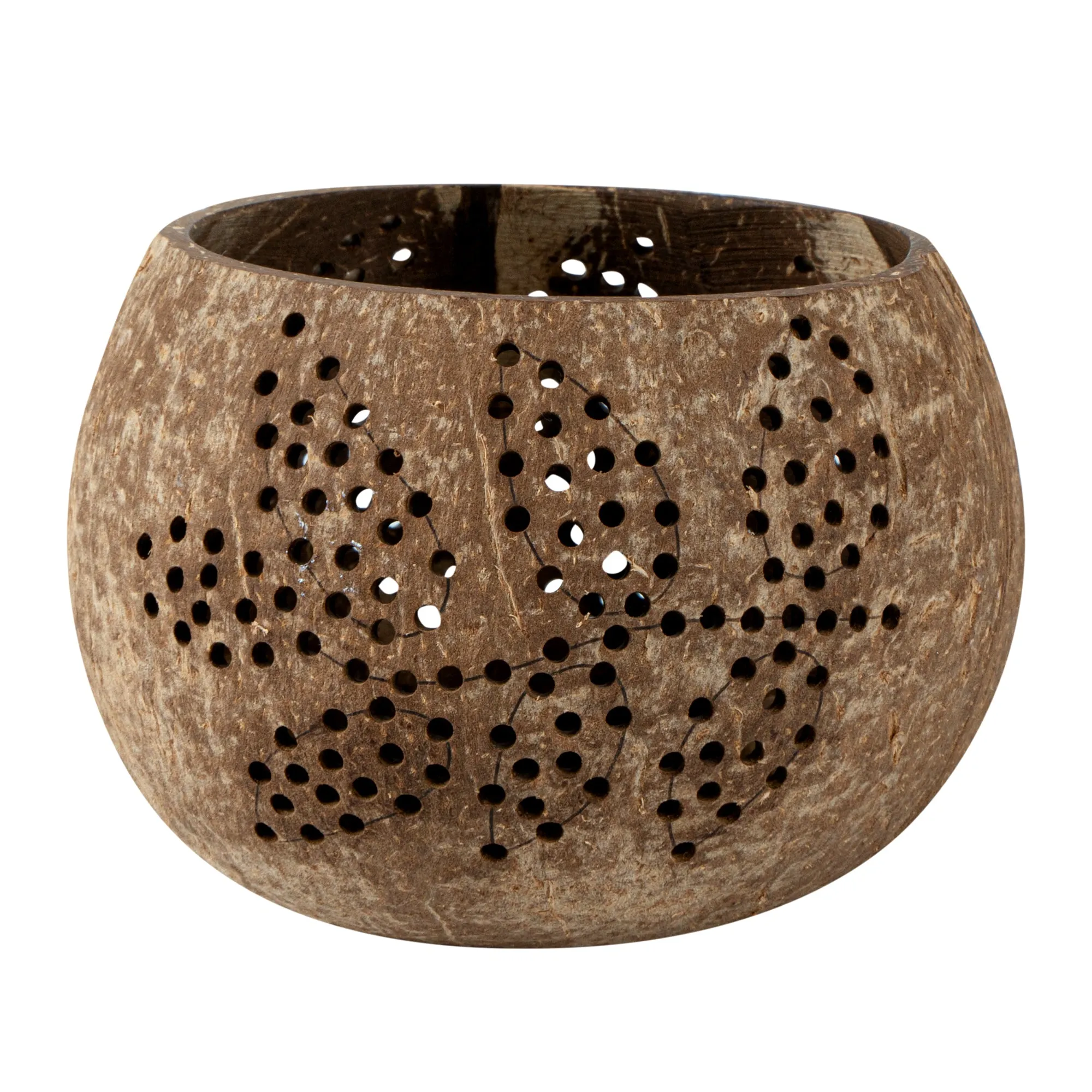 Coco Casa Brown Handmade Coconut Shell Candle Holder - Leaf Pattern - 4" x 4" x 3 1/4" - 10 count box