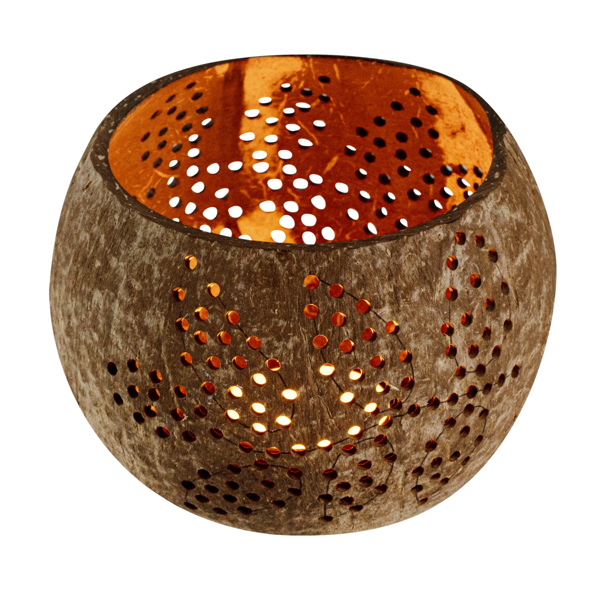 Coco Casa Brown Handmade Coconut Shell Candle Holder - Leaf Pattern - 4" x 4" x 3 1/4" - 10 count box