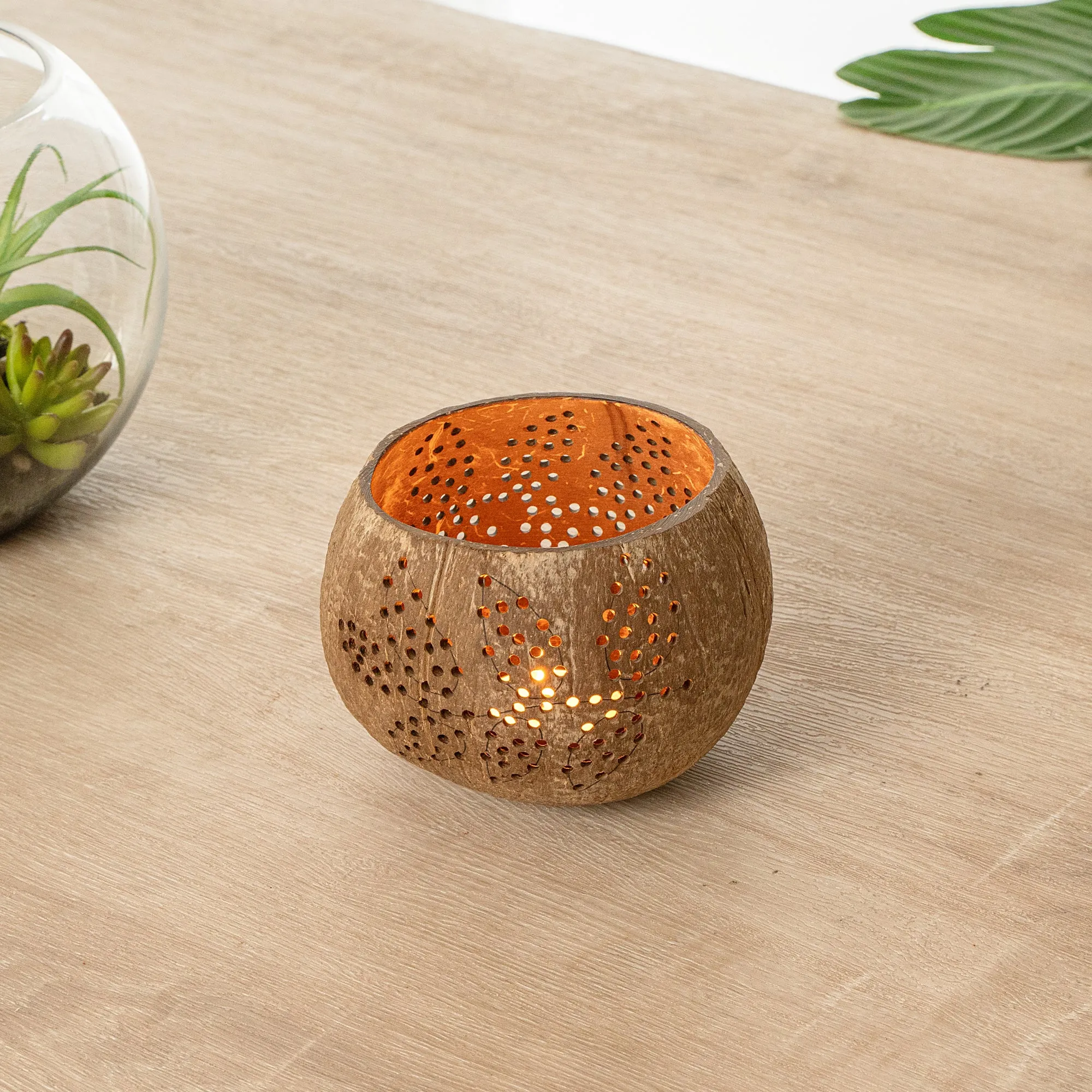 Coco Casa Brown Handmade Coconut Shell Candle Holder - Leaf Pattern - 4" x 4" x 3 1/4" - 10 count box