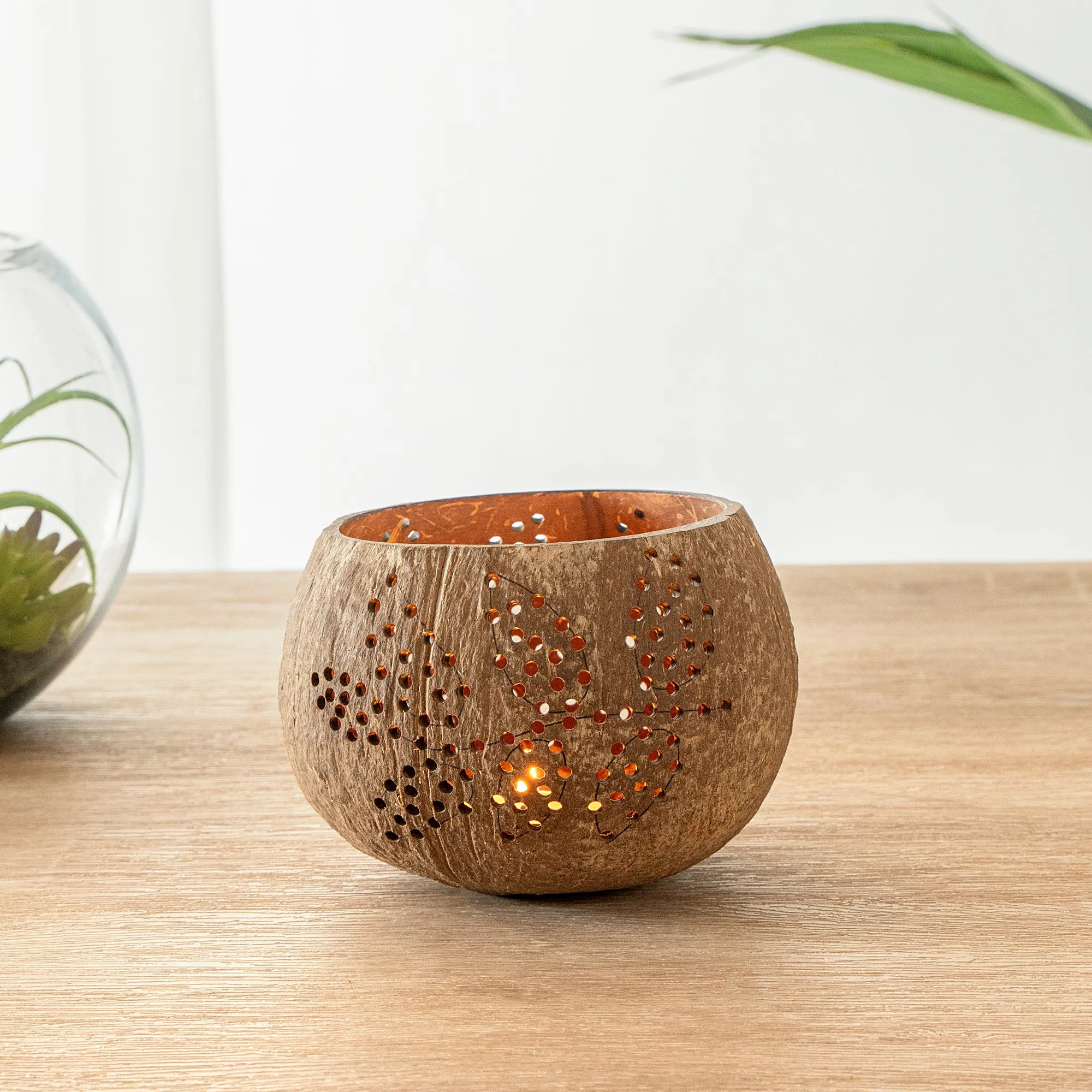 Coco Casa Brown Handmade Coconut Shell Candle Holder - Leaf Pattern - 4" x 4" x 3 1/4" - 10 count box