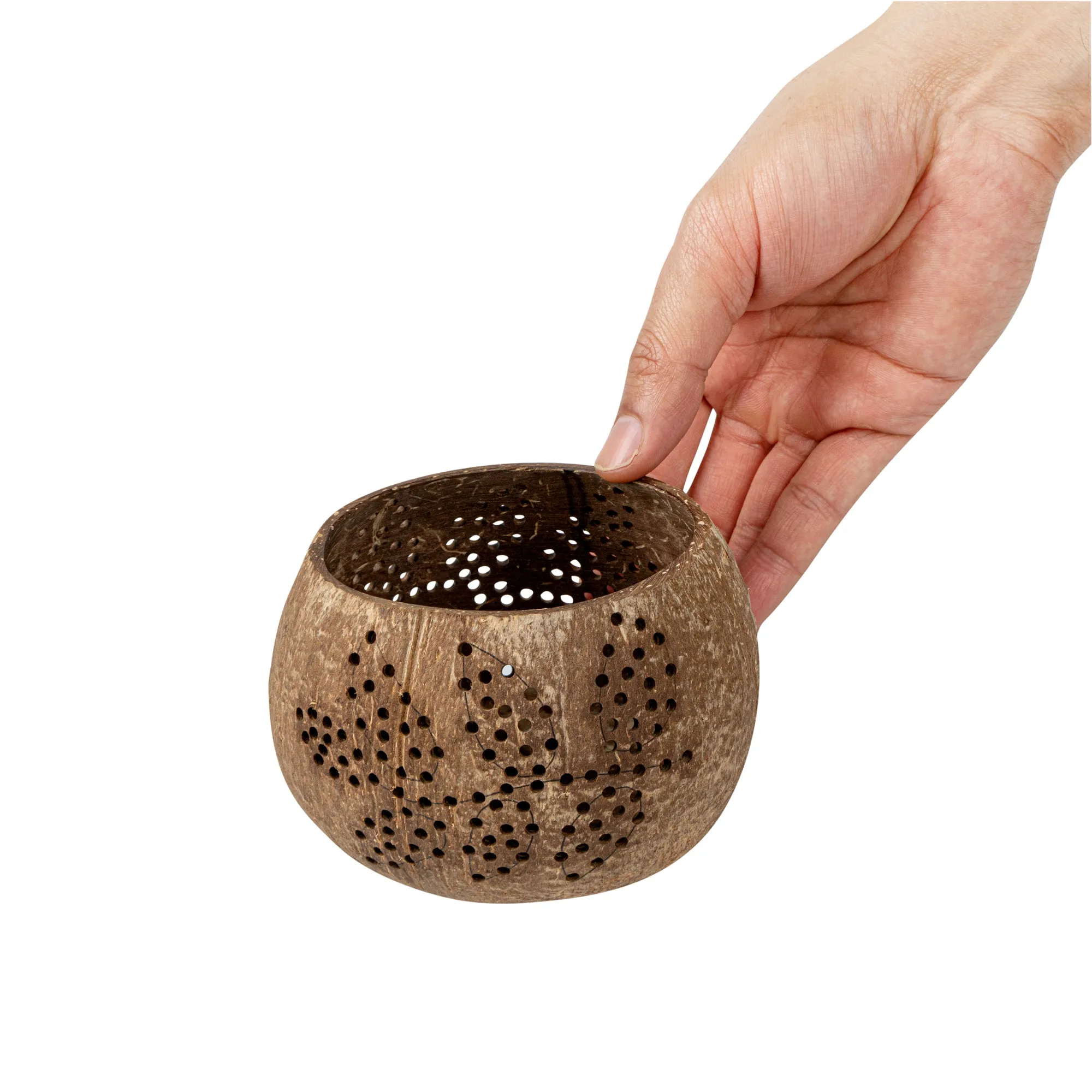 Coco Casa Brown Handmade Coconut Shell Candle Holder - Leaf Pattern - 4" x 4" x 3 1/4" - 10 count box