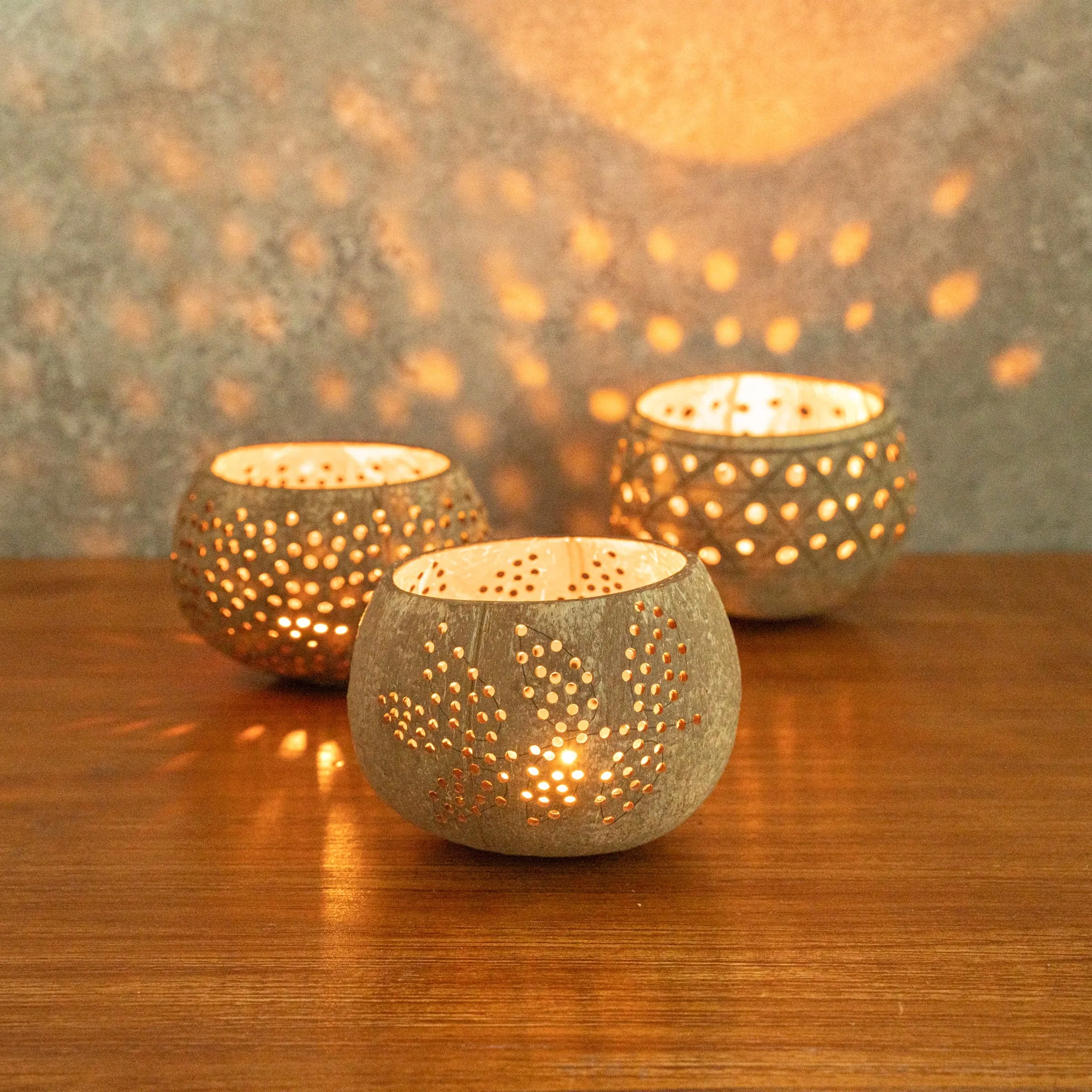 Coco Casa Brown Handmade Coconut Shell Candle Holder - Leaf Pattern - 4" x 4" x 3 1/4" - 10 count box