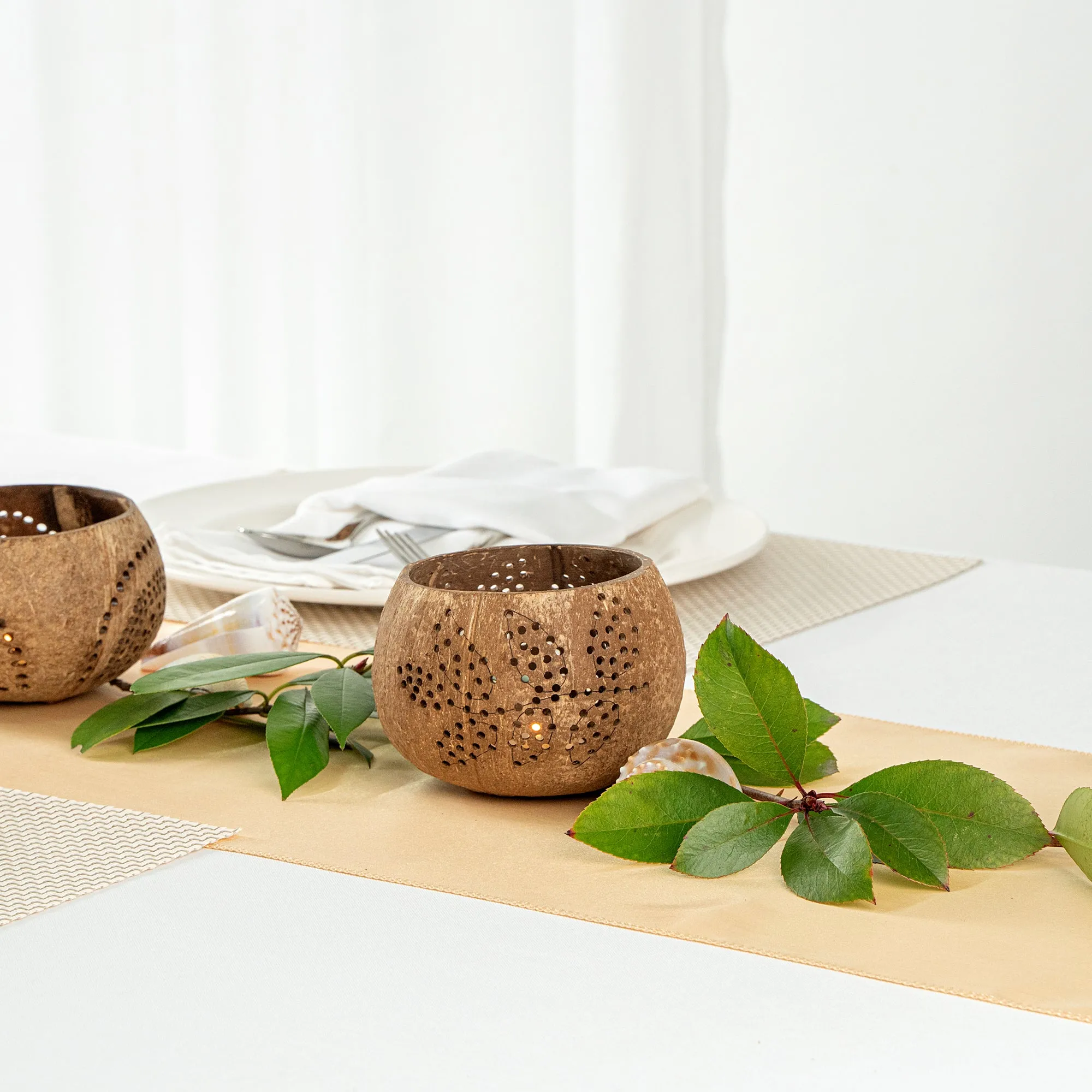 Coco Casa Brown Handmade Coconut Shell Candle Holder - Leaf Pattern - 4" x 4" x 3 1/4" - 10 count box