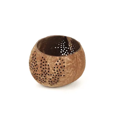 Coco Casa Brown Handmade Coconut Shell Candle Holder - Leaf Pattern - 4" x 4" x 3 1/4" - 10 count box