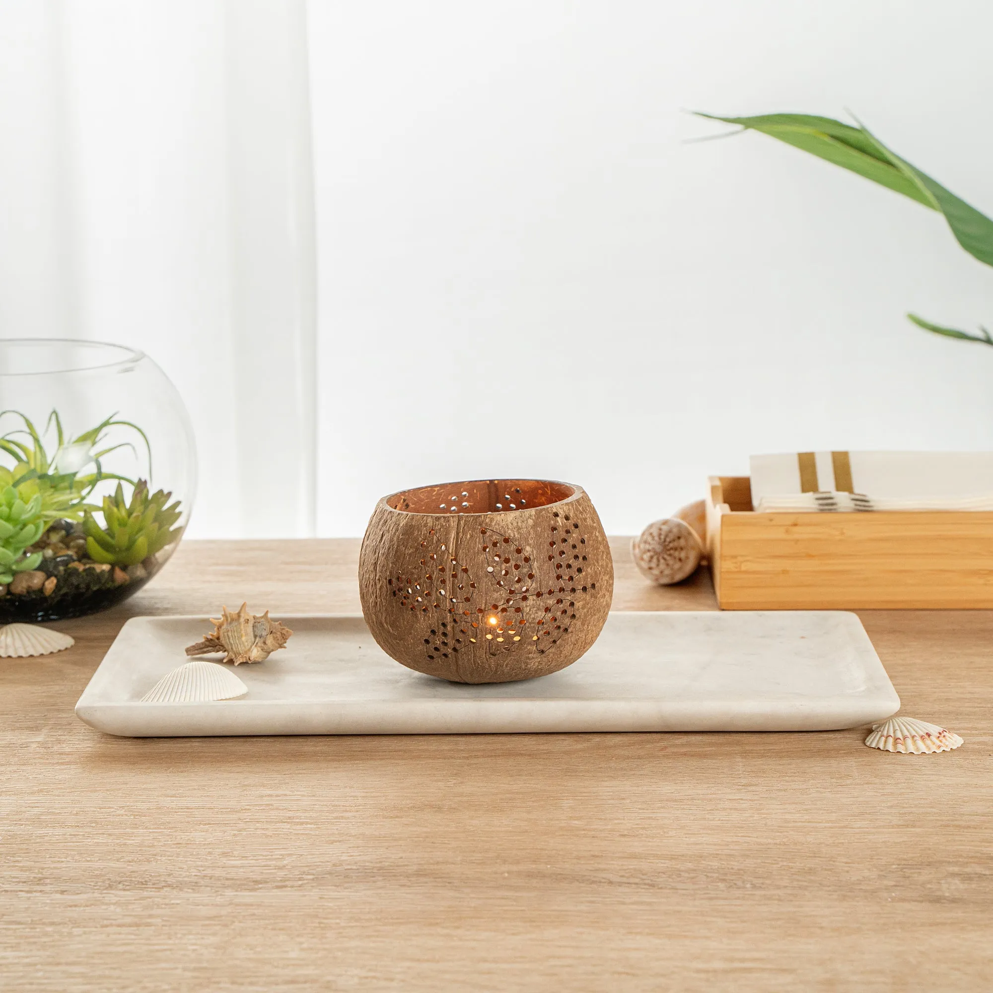 Coco Casa Brown Handmade Coconut Shell Candle Holder - Leaf Pattern - 4" x 4" x 3 1/4" - 10 count box