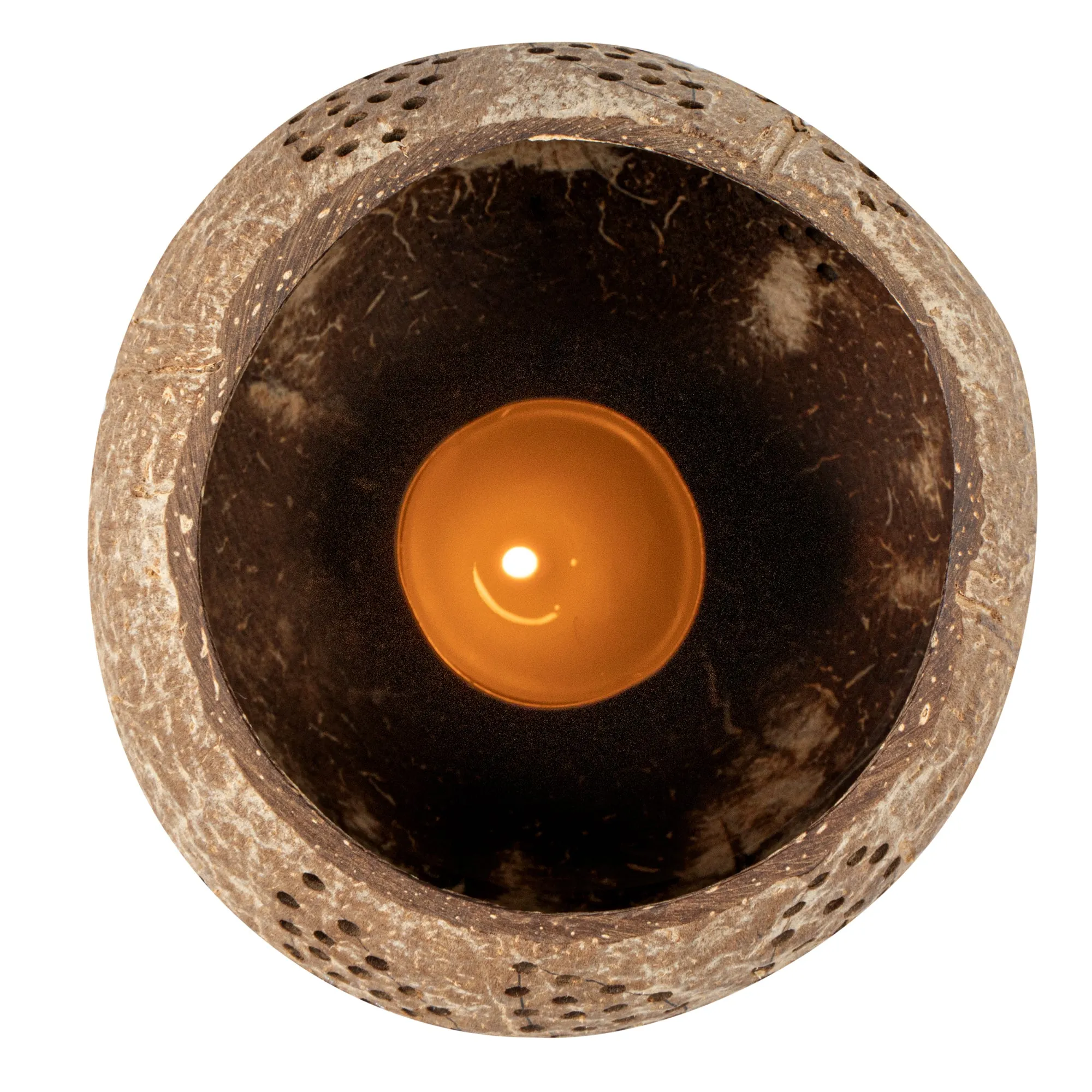 Coco Casa Brown Handmade Coconut Shell Candle Holder - Leaf Pattern - 4" x 4" x 3 1/4" - 10 count box