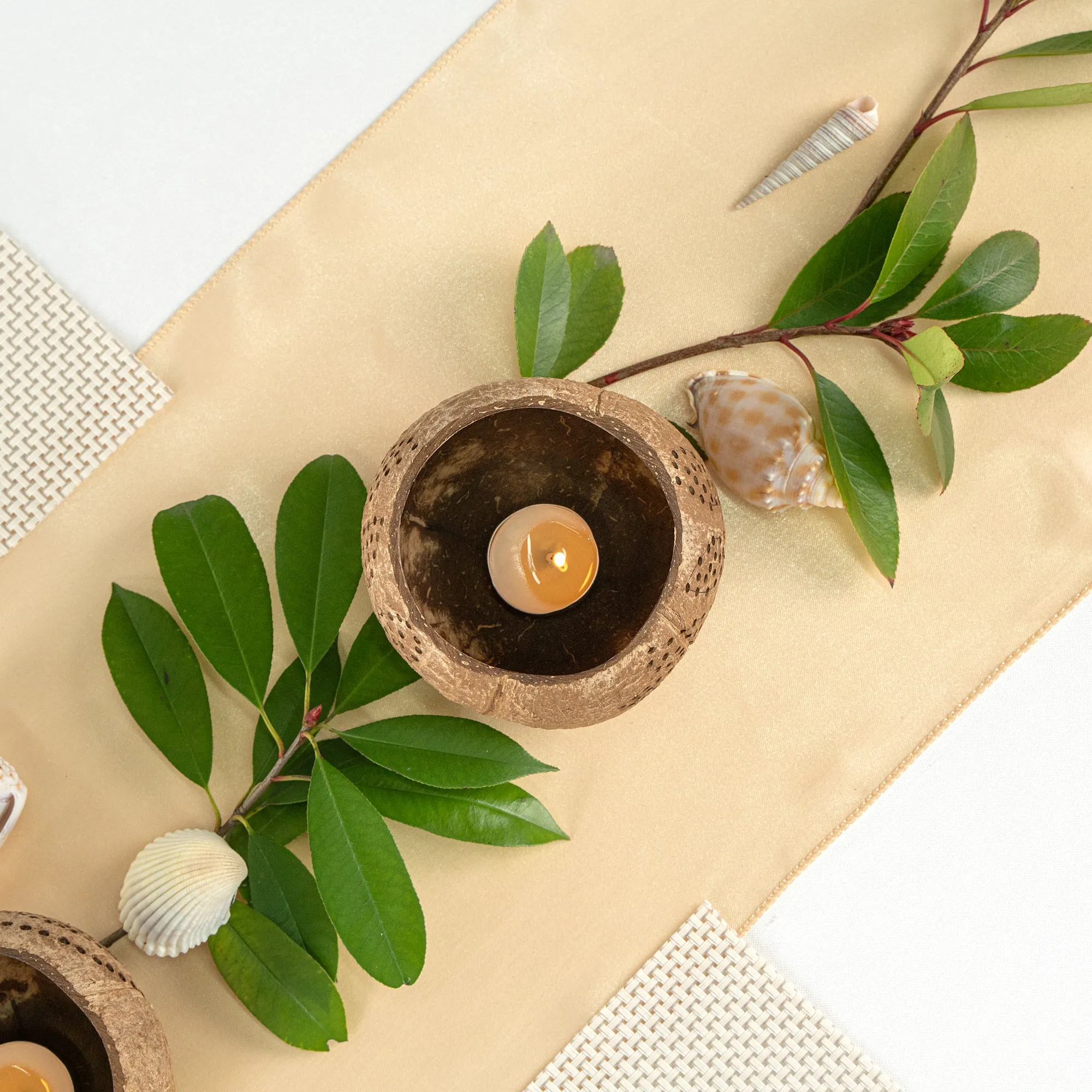 Coco Casa Brown Handmade Coconut Shell Candle Holder - Leaf Pattern - 4" x 4" x 3 1/4" - 10 count box
