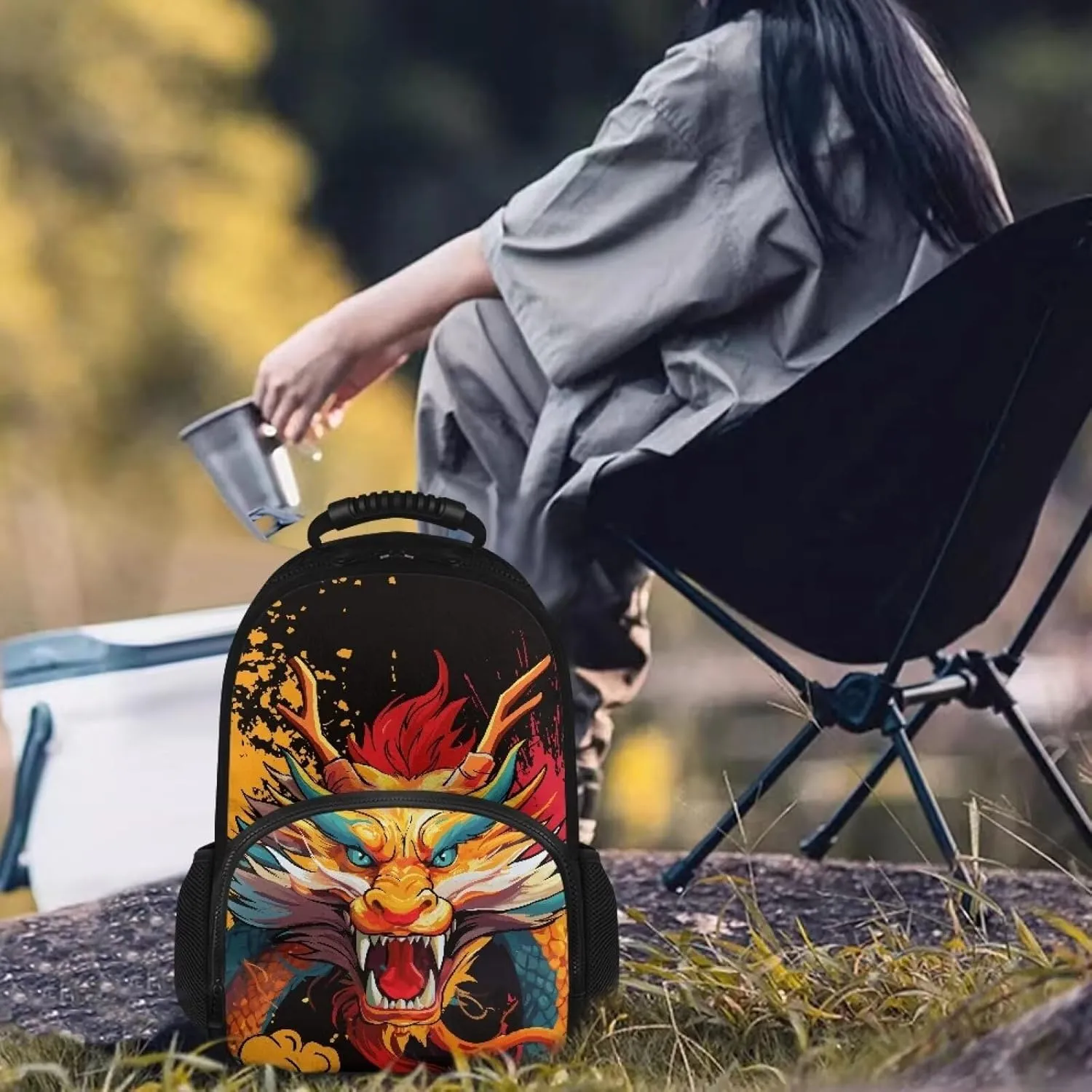 COEQINE Lunch Backpack For Women,Loong Cartoon 3D Animal Leafproof Backpack With Lunchbag Pocket for Women Men Cooler Novelty Book Laptop Backpack Keep Food Warm Daypack