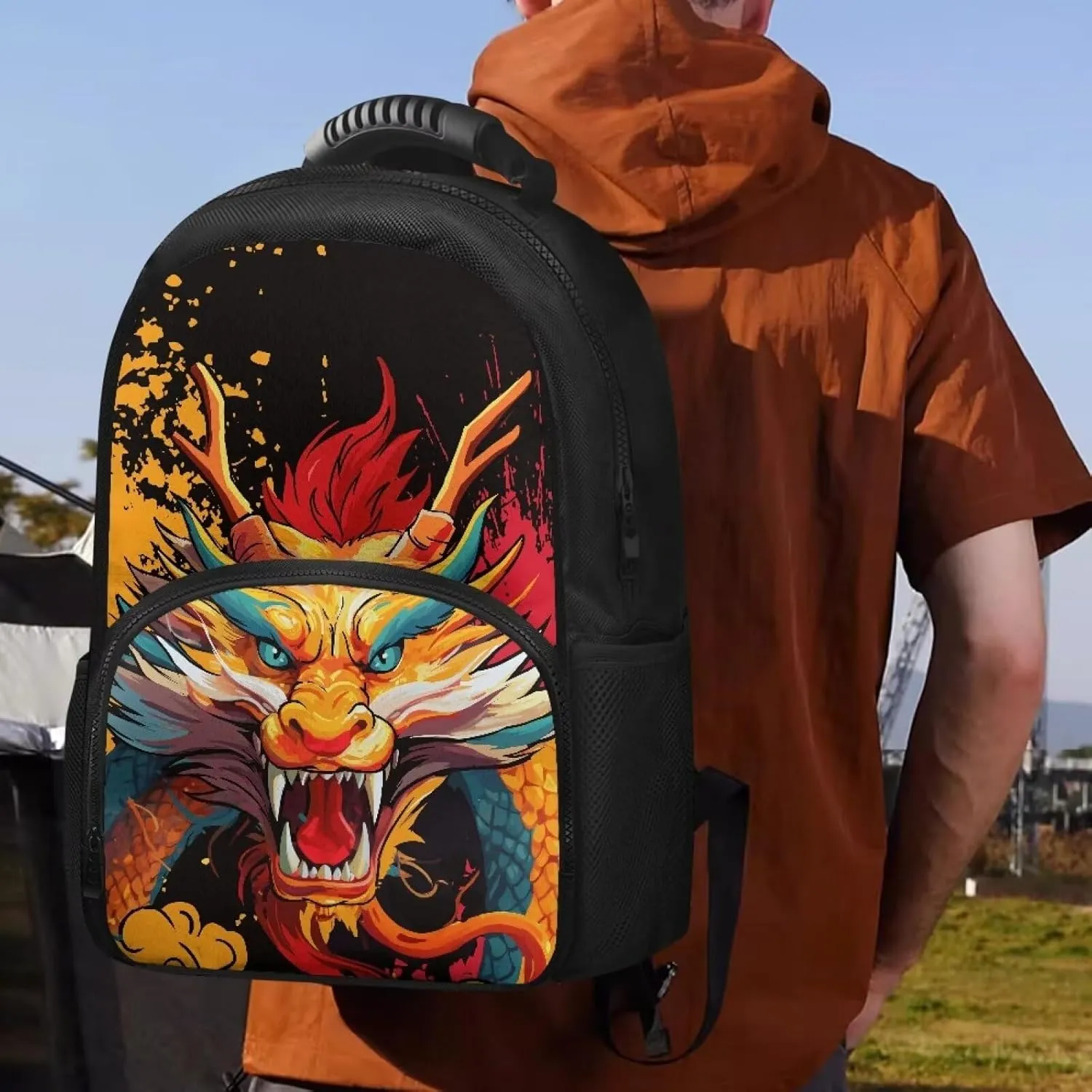 COEQINE Lunch Backpack For Women,Loong Cartoon 3D Animal Leafproof Backpack With Lunchbag Pocket for Women Men Cooler Novelty Book Laptop Backpack Keep Food Warm Daypack