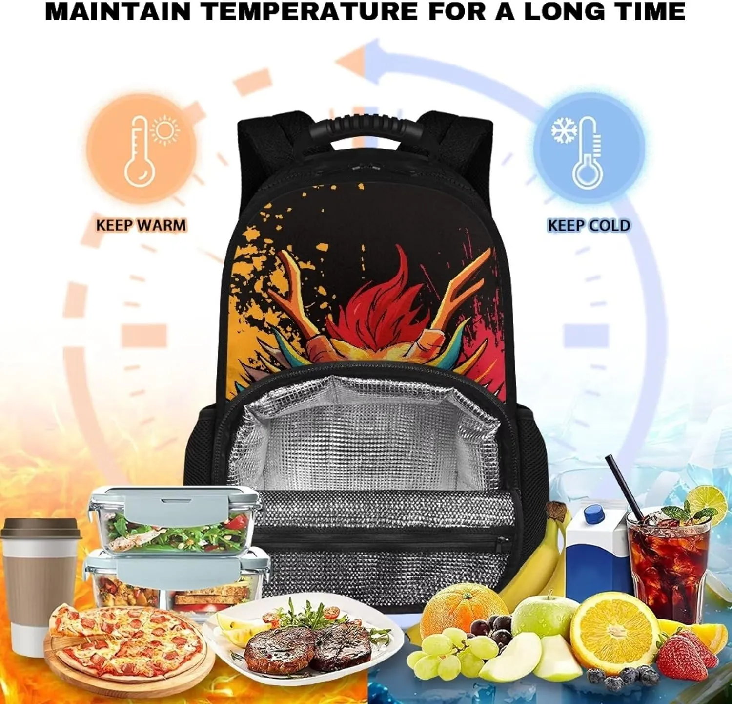 COEQINE Lunch Backpack For Women,Loong Cartoon 3D Animal Leafproof Backpack With Lunchbag Pocket for Women Men Cooler Novelty Book Laptop Backpack Keep Food Warm Daypack